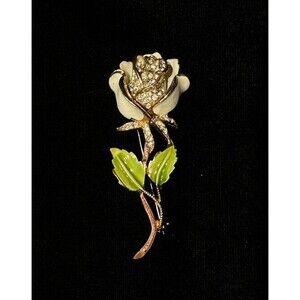 KRAMER OF NEW YORK FLOWER ROSE PIN BROOCH VINTAGE WHITE ENAMEL RHINESTONE SIGNED